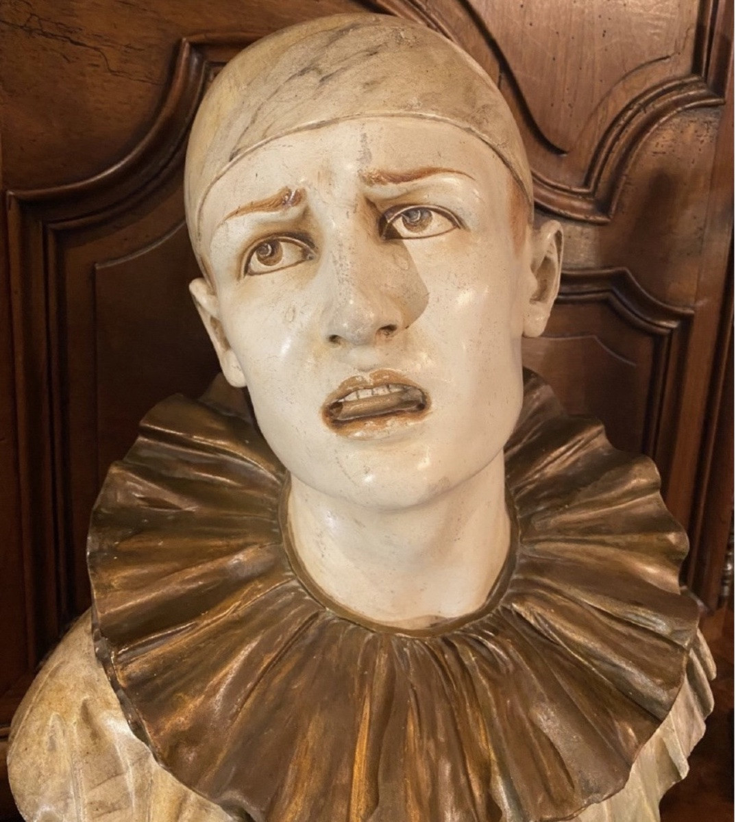 Les Larmes, Large Polychrome Plaster Bust Of Pierrot-photo-3