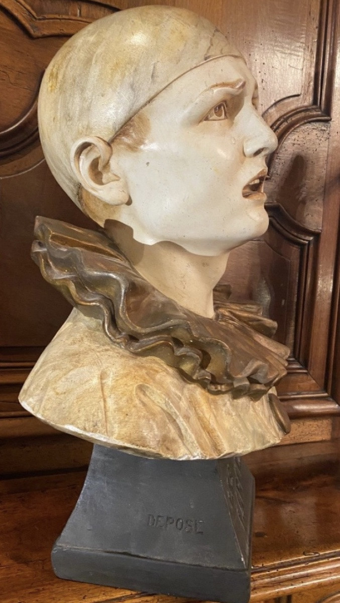 Les Larmes, Large Polychrome Plaster Bust Of Pierrot-photo-4