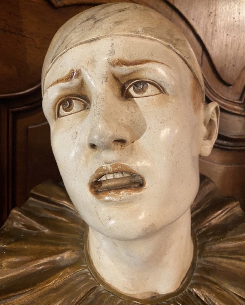 Les Larmes, Large Polychrome Plaster Bust Of Pierrot-photo-5
