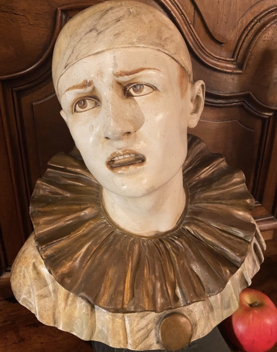 Les Larmes, Large Polychrome Plaster Bust Of Pierrot-photo-6