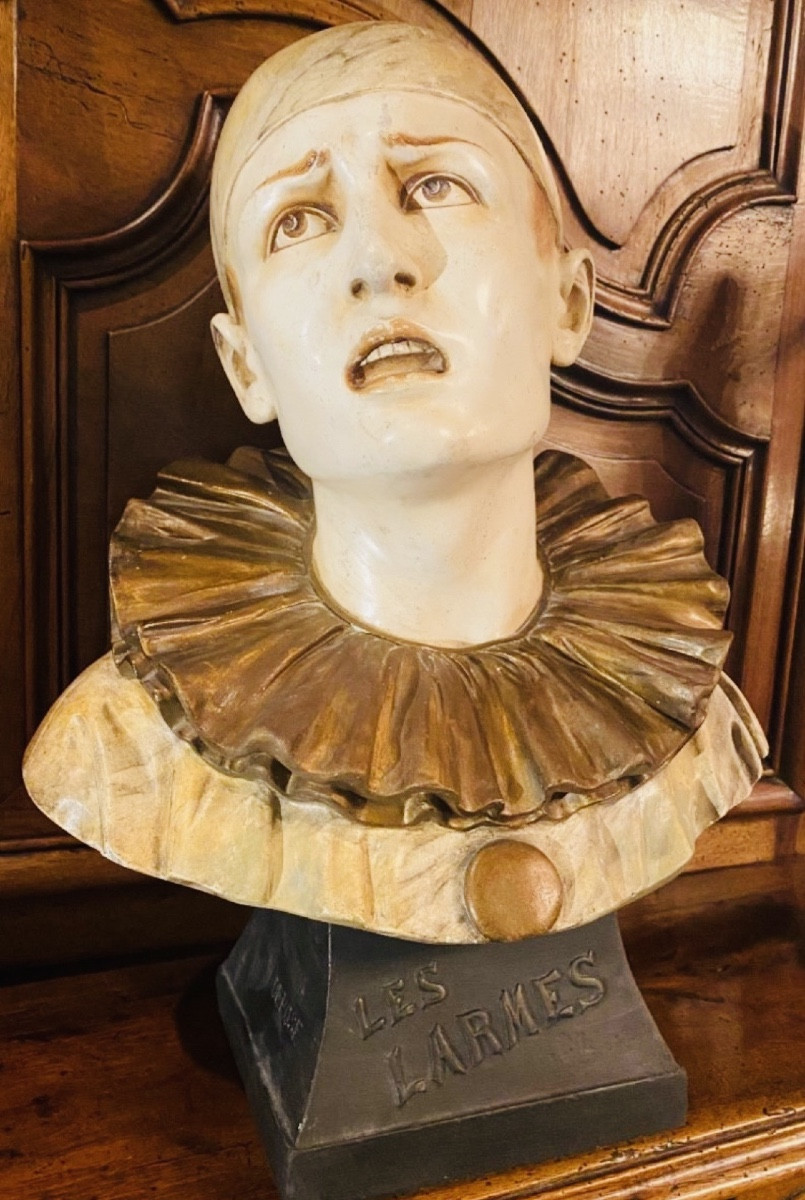 Les Larmes, Large Polychrome Plaster Bust Of Pierrot