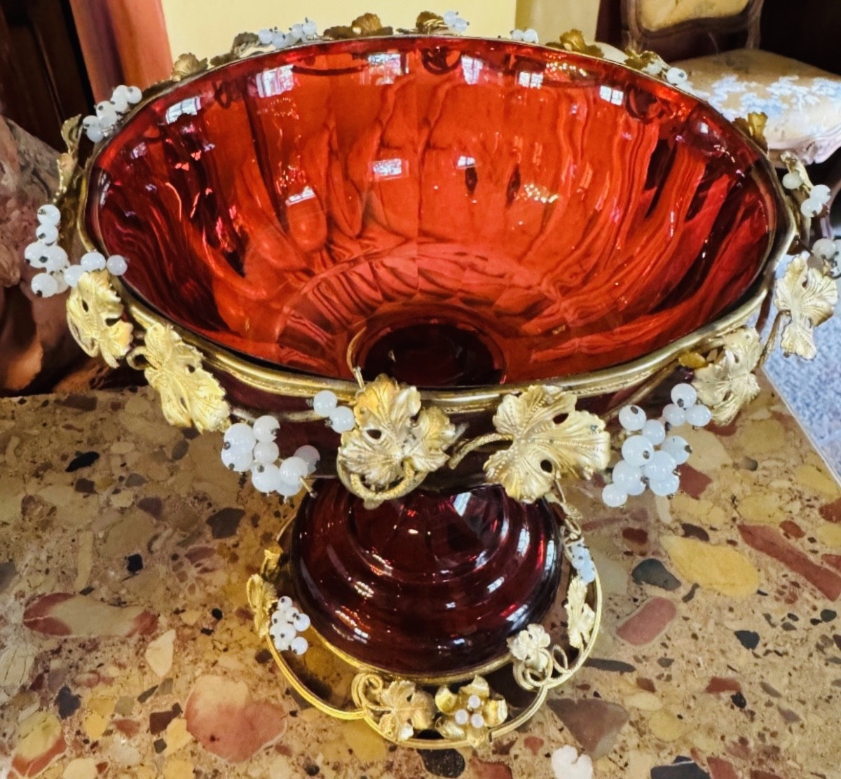 Large Ruby Red Crystal Cup With Faceted Decorfacettes And Vineyar Pampres Decoration