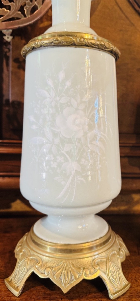 Large Pair Of Napoleon III Celadon Green Oil Lamps-photo-3