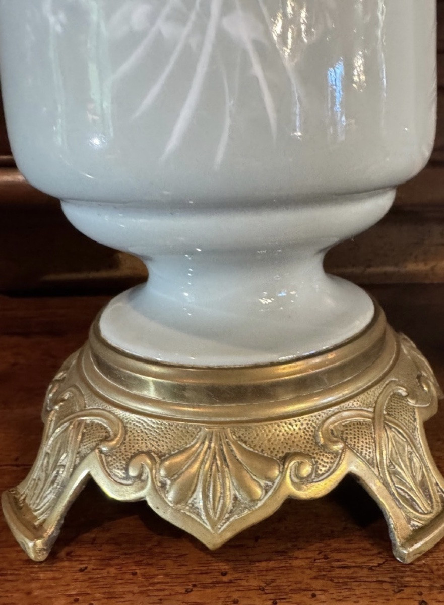 Large Pair Of Napoleon III Celadon Green Oil Lamps-photo-7