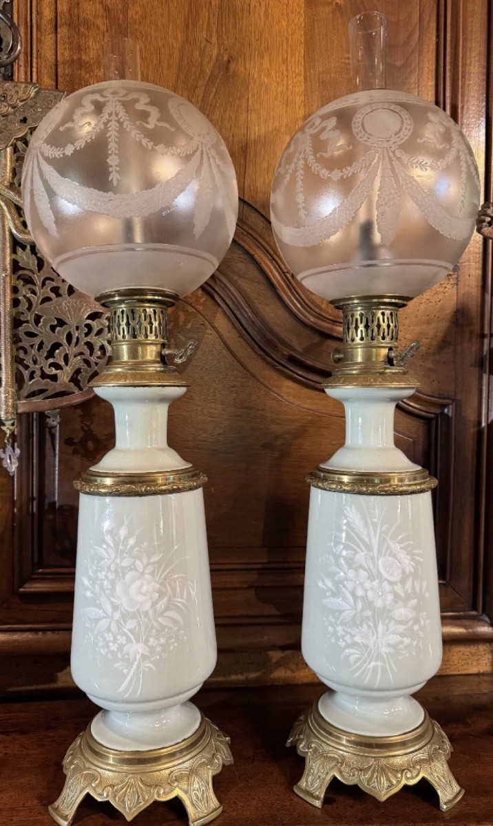 Large Pair Of Napoleon III Celadon Green Oil Lamps