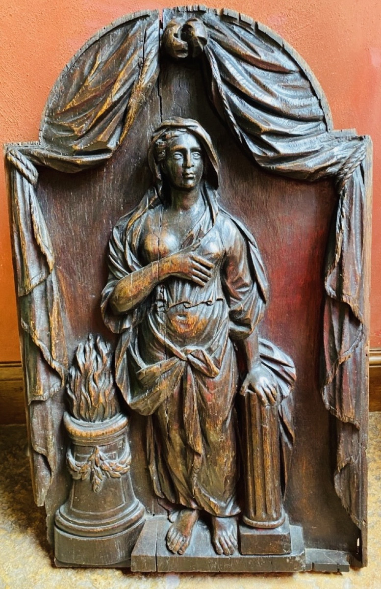 Allégorie de la Charité - Sculpture en chêne en haut relief, ronde-bosse partielle - Travail fr