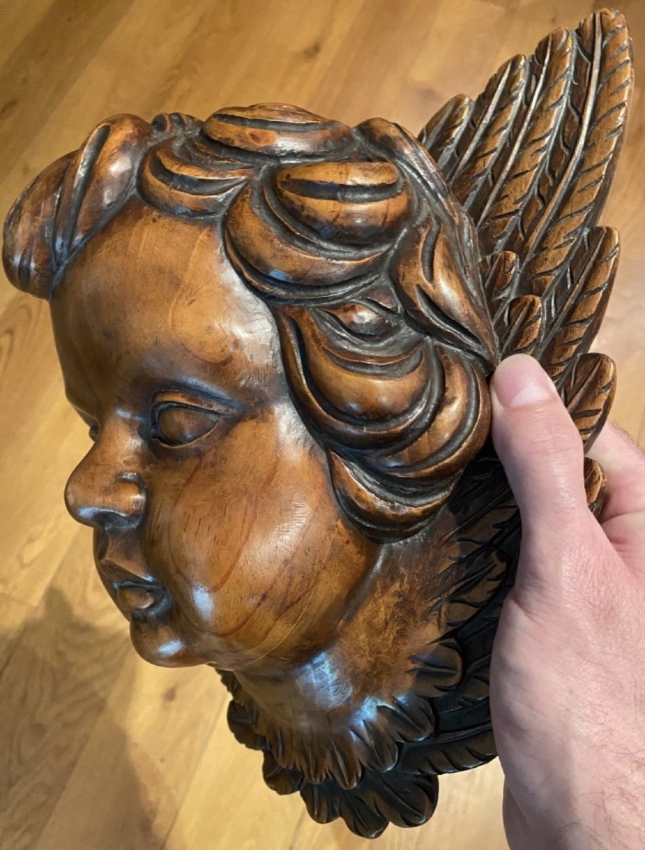 Large Cherub Angel Head In Carved Wood-photo-6