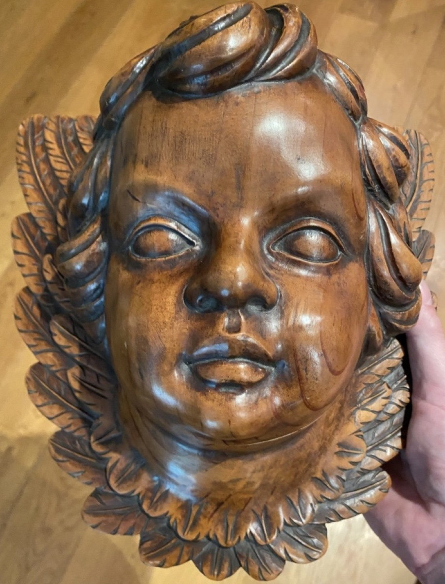 Large Cherub Angel Head In Carved Wood-photo-7