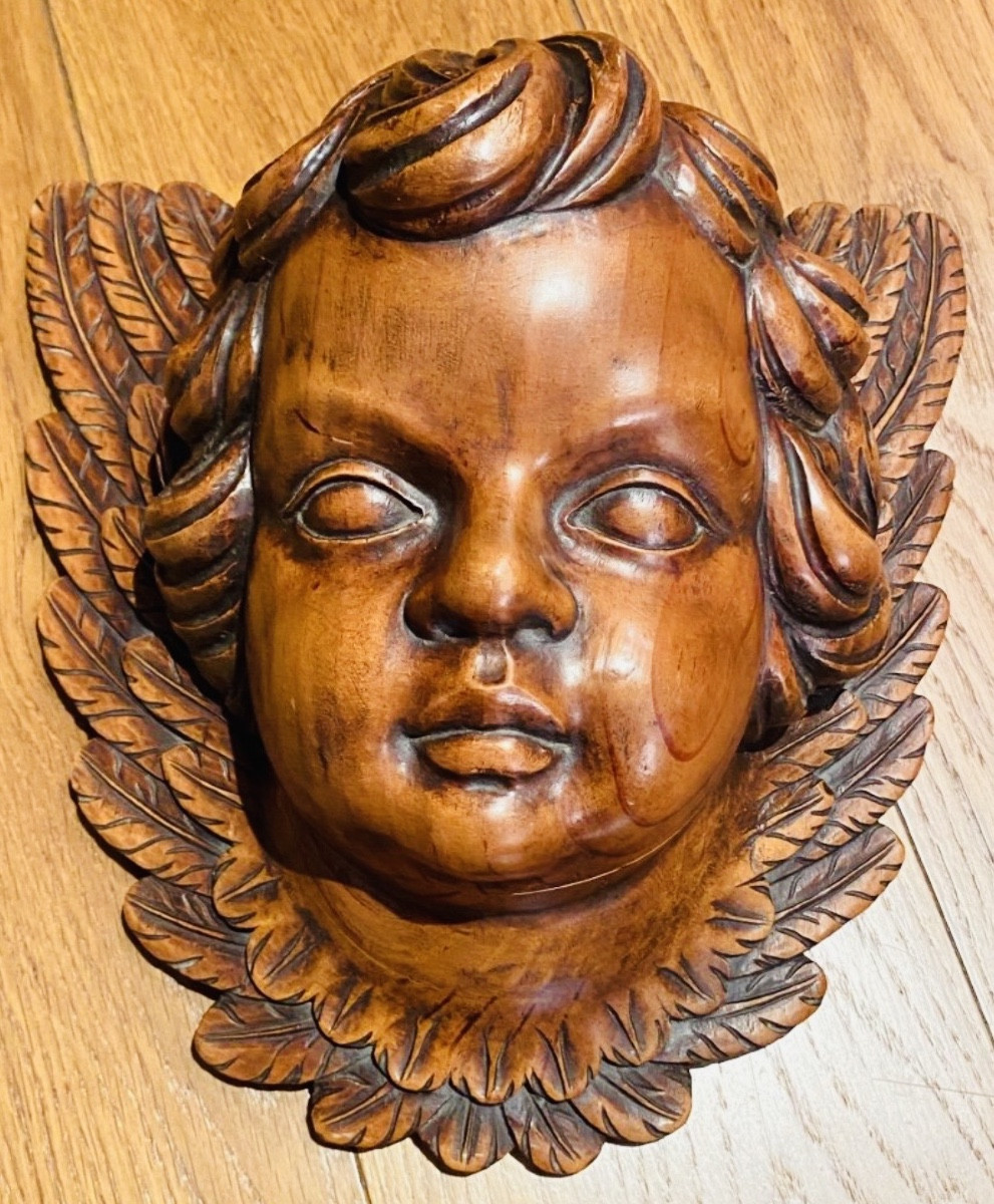 Large Cherub Angel Head In Carved Wood