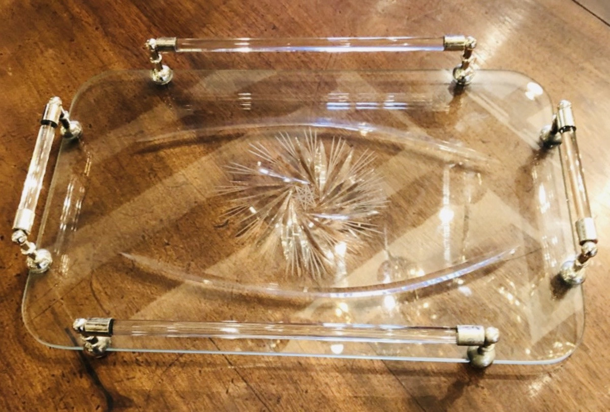 Engraved Crystal And Silver-plated Metal Serving Tray 1940s-photo-2