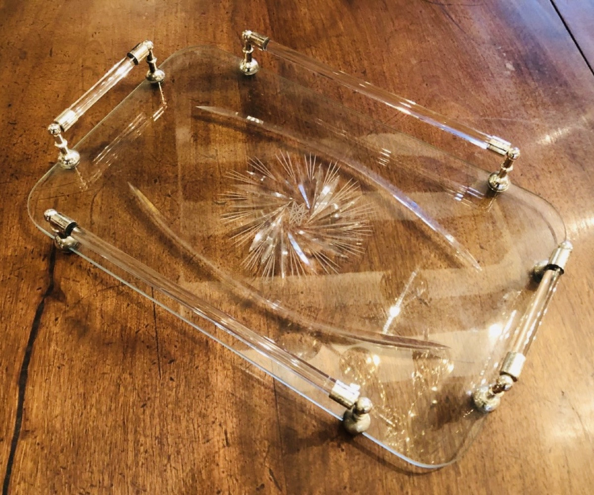 Engraved Crystal And Silver-plated Metal Serving Tray 1940s-photo-1