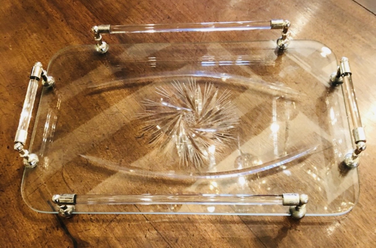 Engraved Crystal And Silver-plated Metal Serving Tray 1940s-photo-2