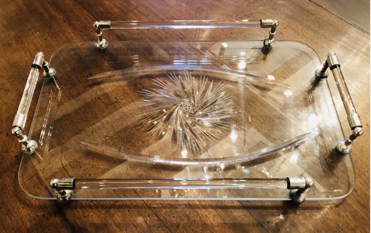 Engraved Crystal And Silver-plated Metal Serving Tray 1940s-photo-4
