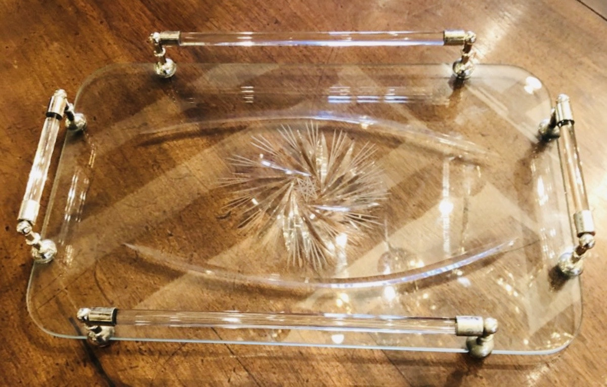 Engraved Crystal And Silver-plated Metal Serving Tray 1940s-photo-7