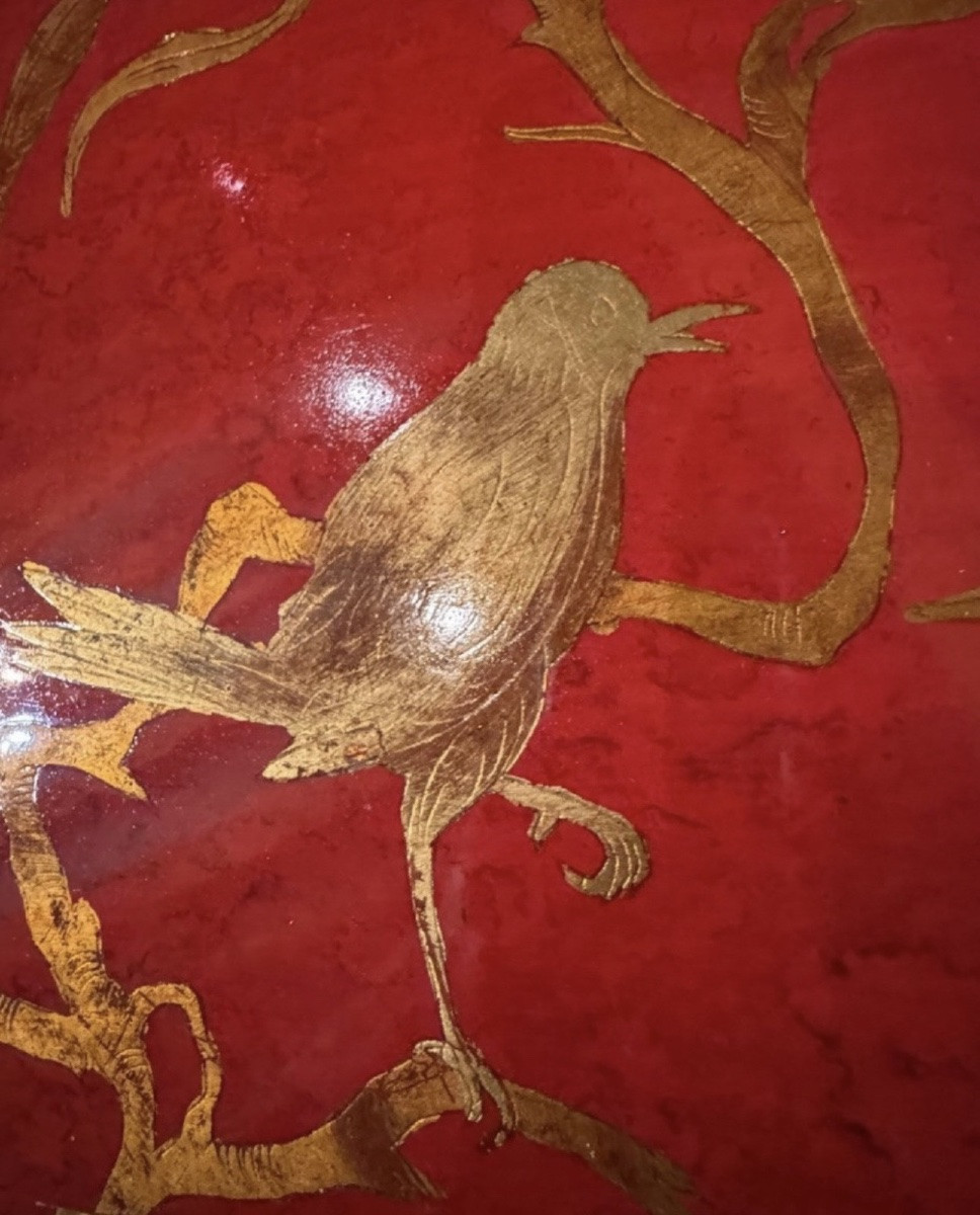 Series Of Three Gigogon Tables In Red Laquer And Gold, Mid-20th Century China Nice Set-photo-3
