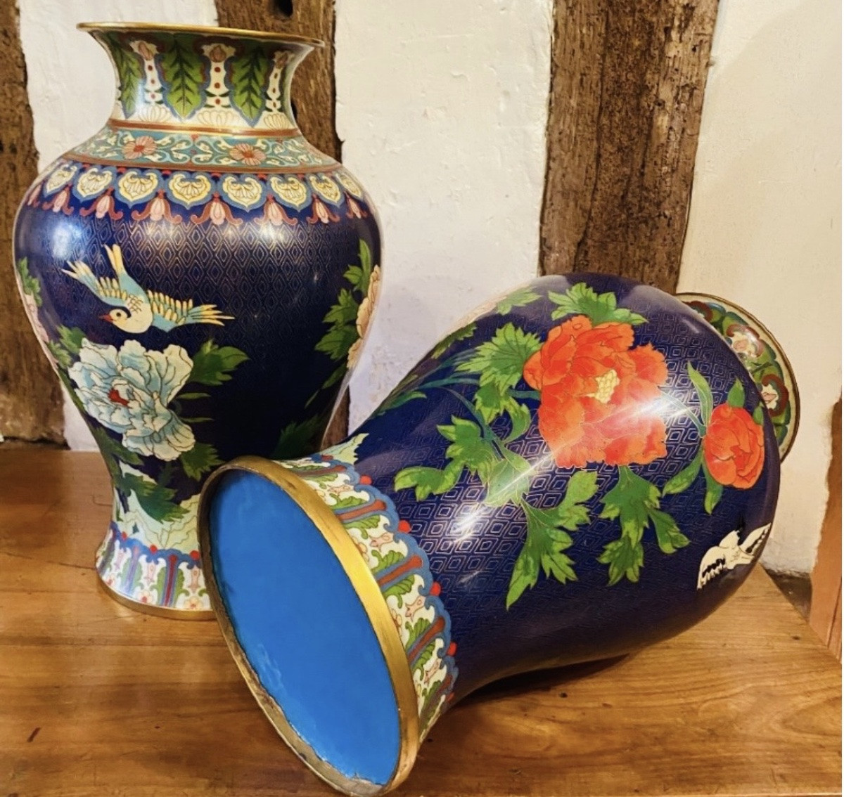 Large Pair Of Cloisonné Peony Vases, China, Early XX® Century-photo-4
