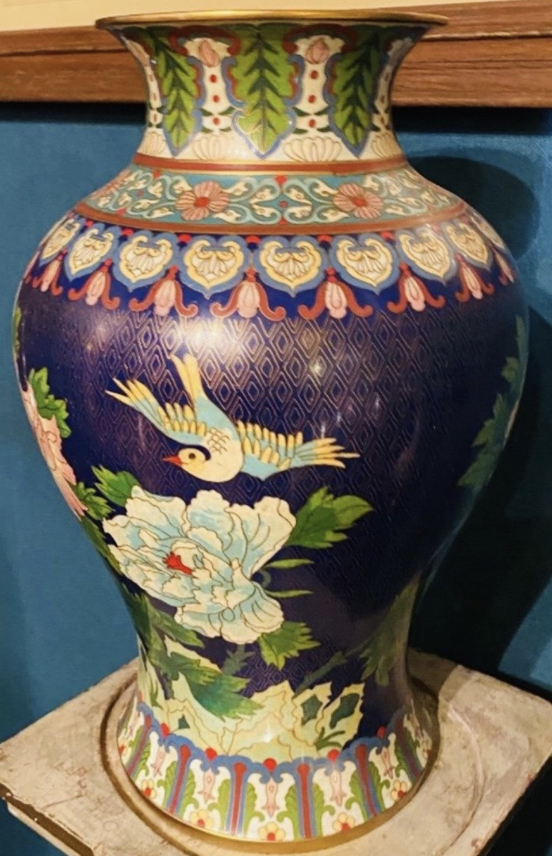 Large Pair Of Cloisonné Peony Vases, China, Early XX® Century-photo-1