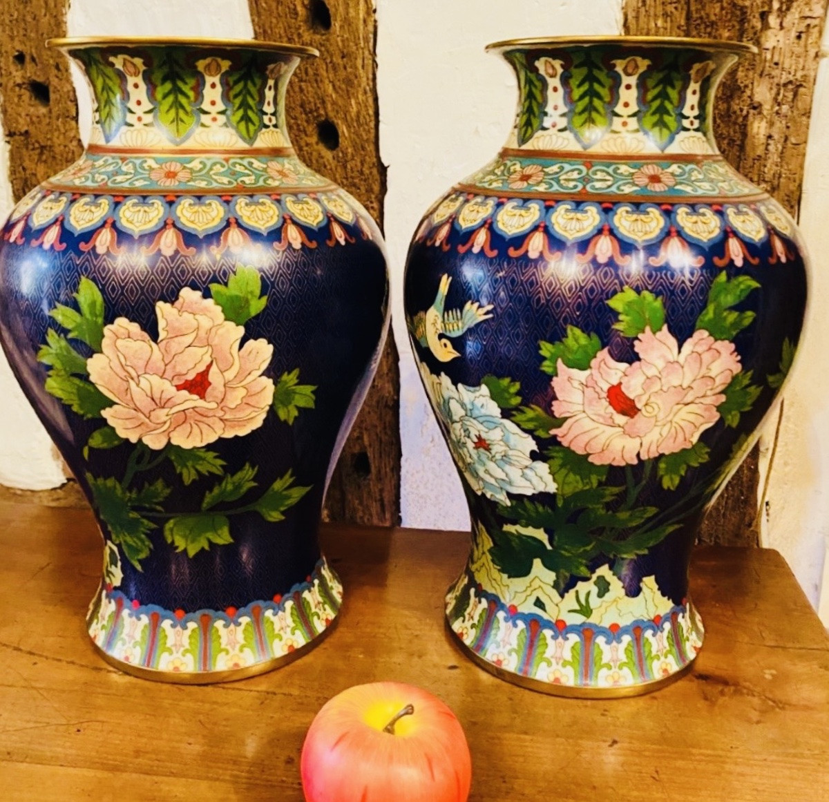 Large Pair Of Cloisonné Peony Vases, China, Early XX® Century-photo-8