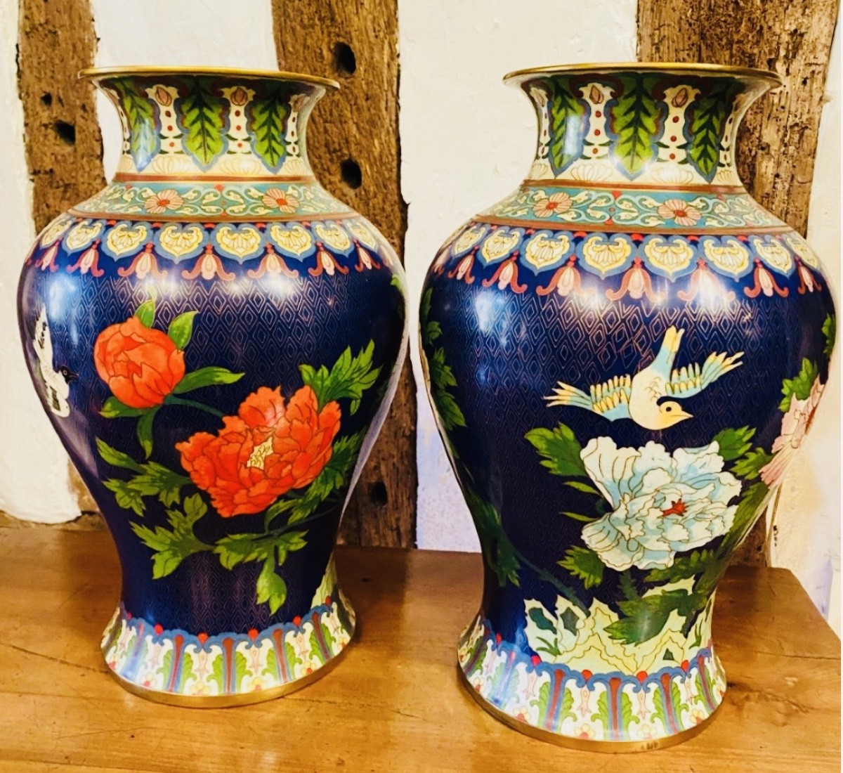 Large Pair Of Cloisonné Peony Vases, China, Early XX® Century