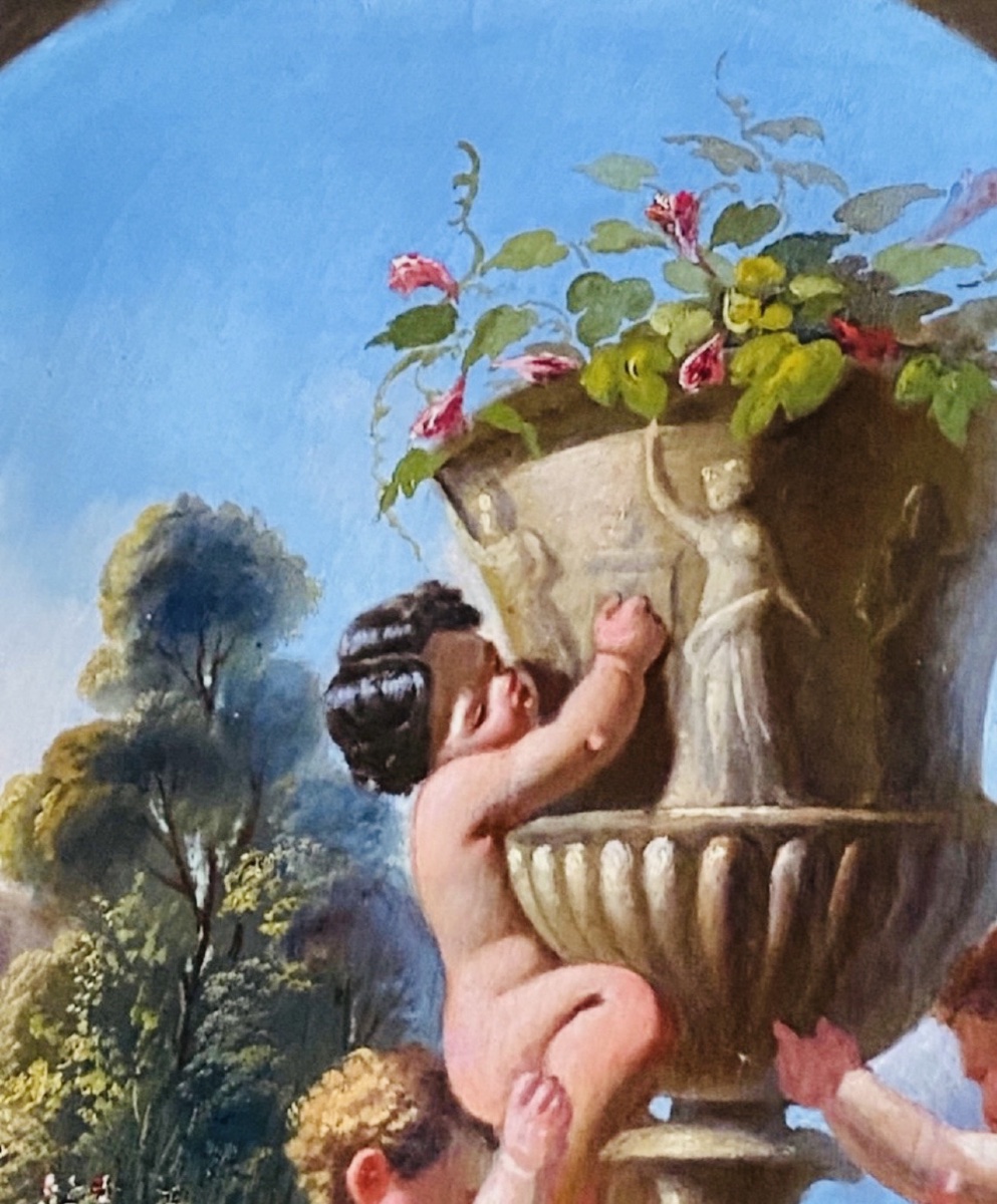 Italian Caprice With Putti And Medici Vase, Oil On Canvas Signed And Dated 1866-photo-3
