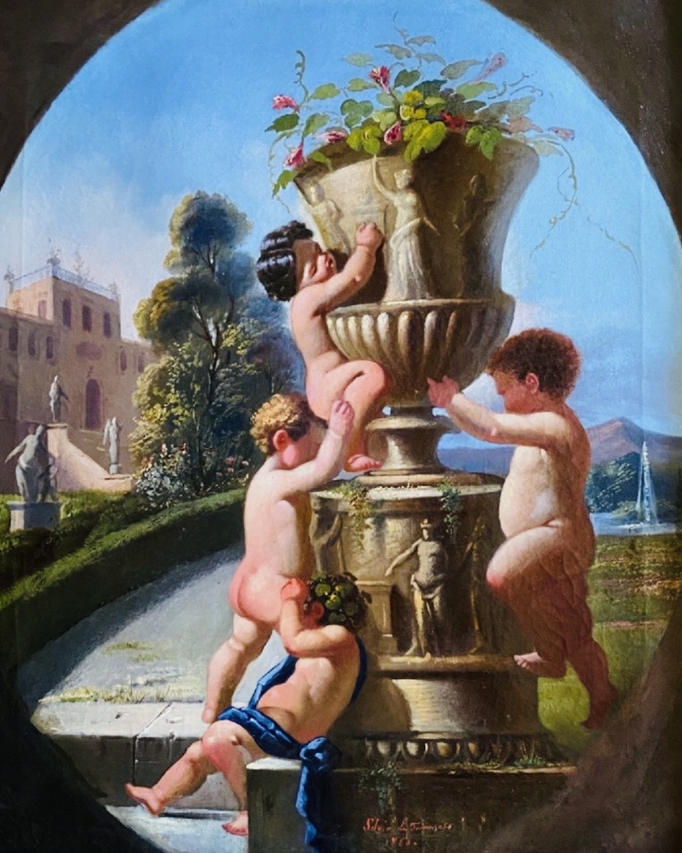 Italian Caprice With Putti And Medici Vase, Oil On Canvas Signed And Dated 1866-photo-3