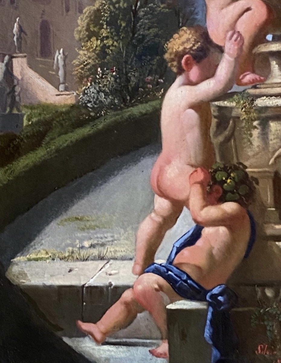 Italian Caprice With Putti And Medici Vase, Oil On Canvas Signed And Dated 1866-photo-4