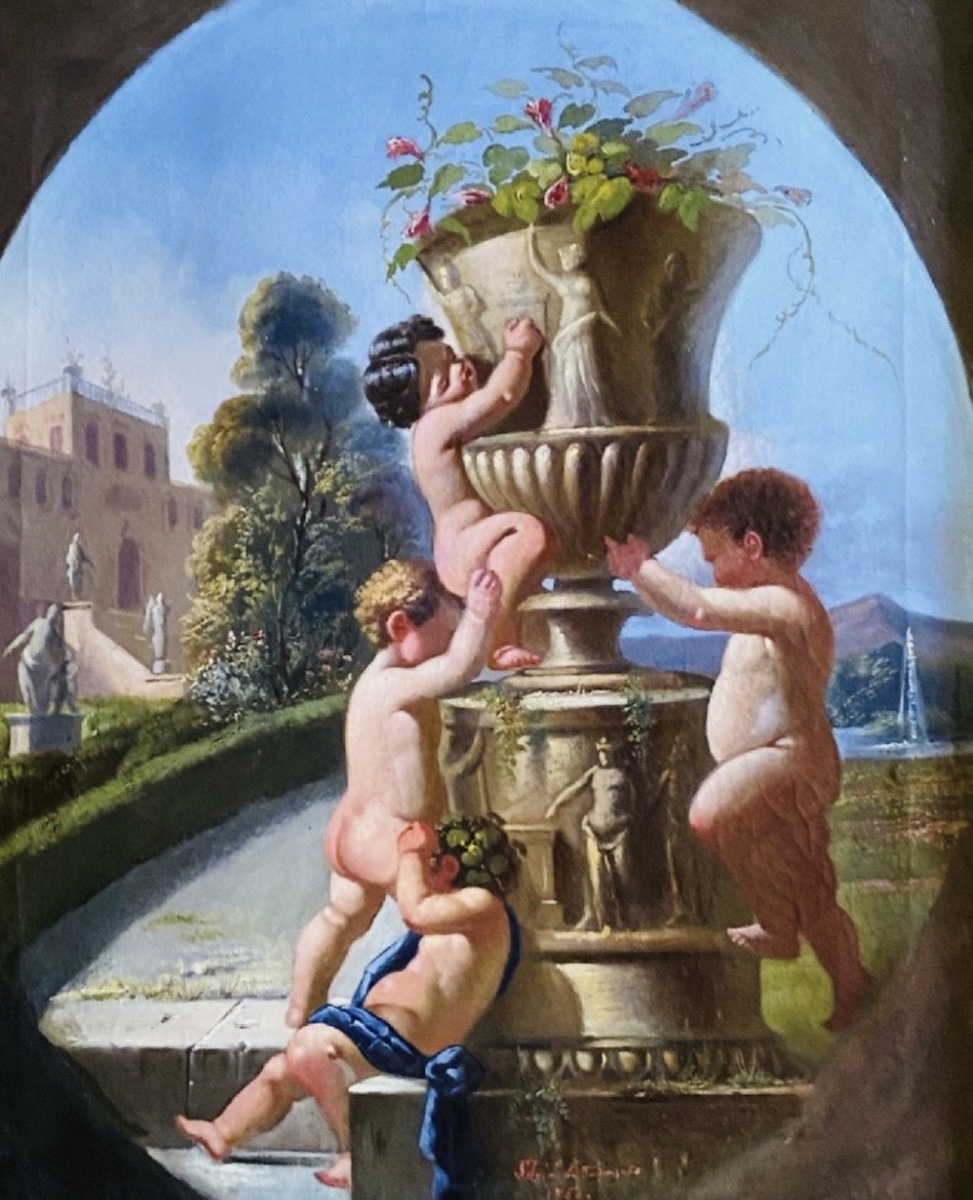 Italian Caprice With Putti And Medici Vase, Oil On Canvas Signed And Dated 1866-photo-8
