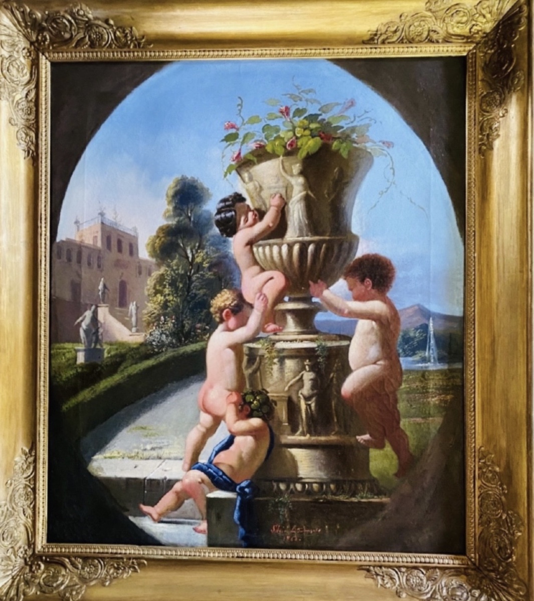 Italian Caprice With Putti And Medici Vase, Oil On Canvas Signed And Dated 1866