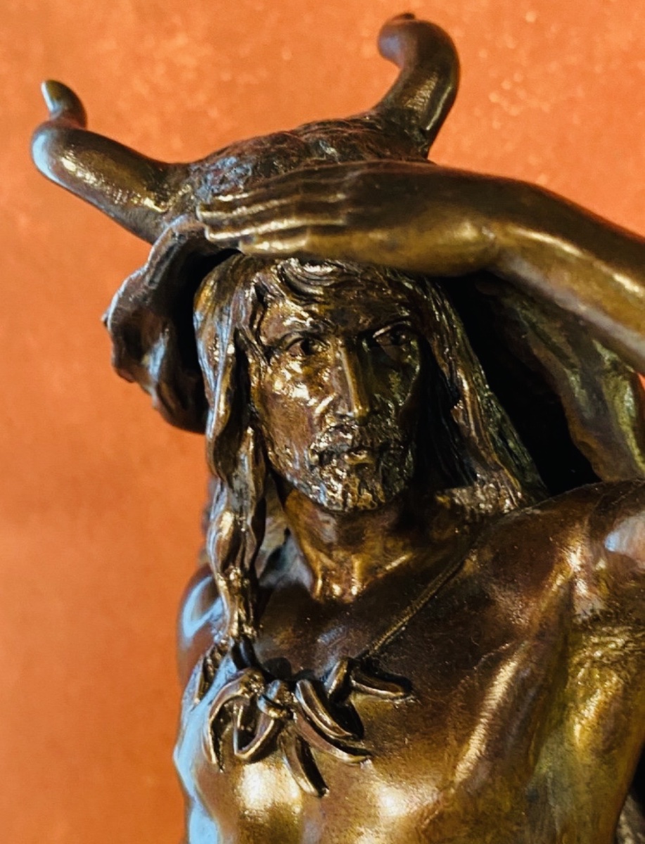 Grand bronze de Paul Ludwig Kowalczewski (1865-1910)« Chasseur préhistorique à l'affût »-photo-2
