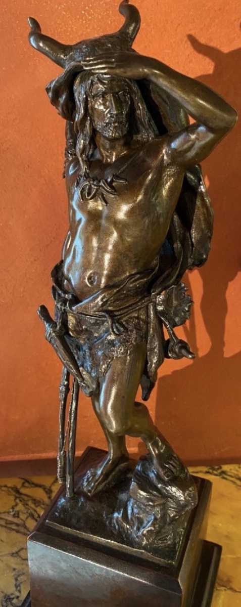 Grand bronze de Paul Ludwig Kowalczewski (1865-1910)« Chasseur préhistorique à l'affût »-photo-4