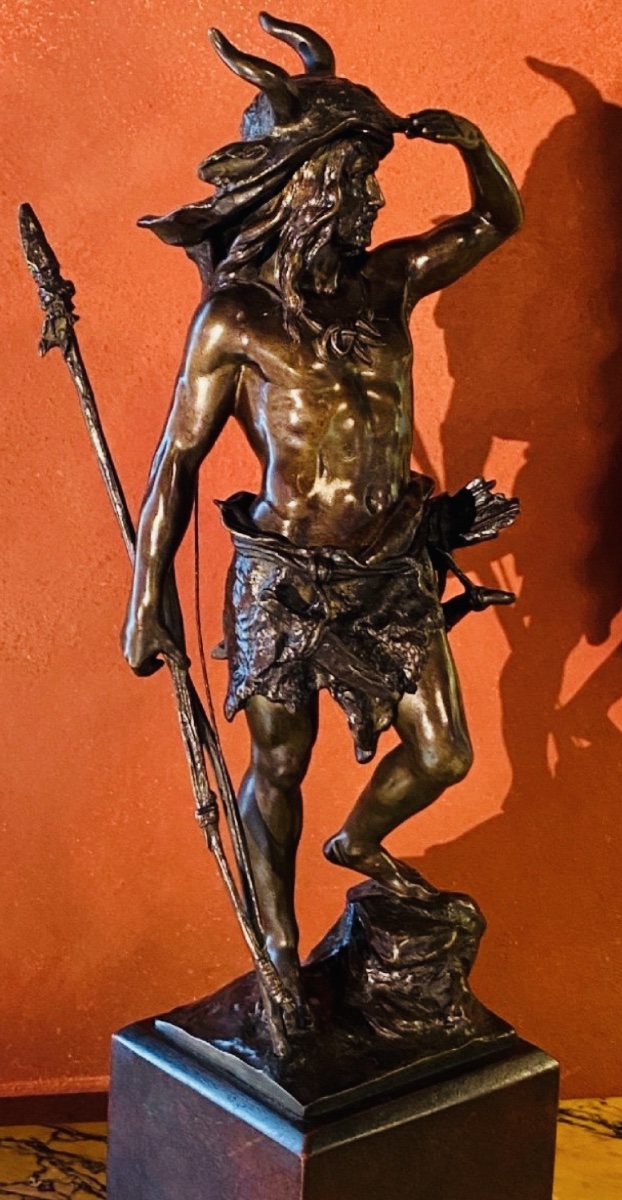 Grand bronze de Paul Ludwig Kowalczewski (1865-1910)« Chasseur préhistorique à l'affût »-photo-1