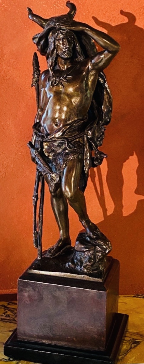 Grand bronze de Paul Ludwig Kowalczewski (1865-1910)« Chasseur préhistorique à l'affût »-photo-2