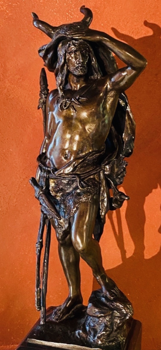 Grand bronze de Paul Ludwig Kowalczewski (1865-1910)« Chasseur préhistorique à l'affût »-photo-3