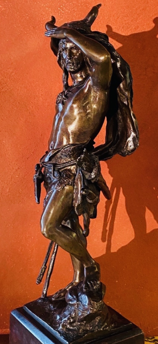 Grand bronze de Paul Ludwig Kowalczewski (1865-1910)« Chasseur préhistorique à l'affût »-photo-4