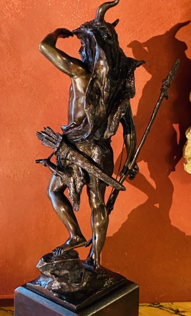 Grand bronze de Paul Ludwig Kowalczewski (1865-1910)« Chasseur préhistorique à l'affût »-photo-5