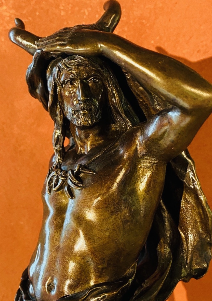 Grand bronze de Paul Ludwig Kowalczewski (1865-1910)« Chasseur préhistorique à l'affût »-photo-7