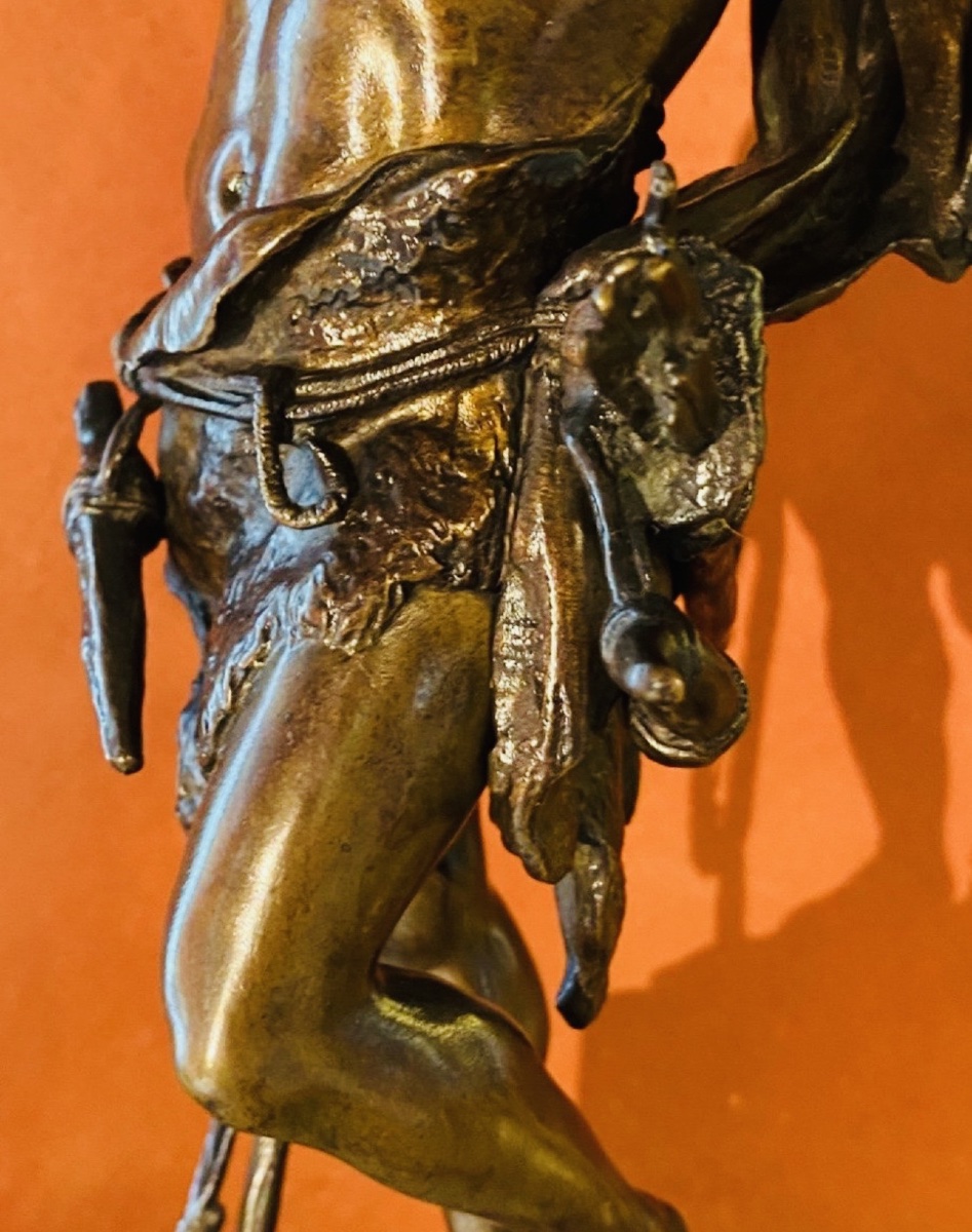 Grand bronze de Paul Ludwig Kowalczewski (1865-1910)« Chasseur préhistorique à l'affût »-photo-8