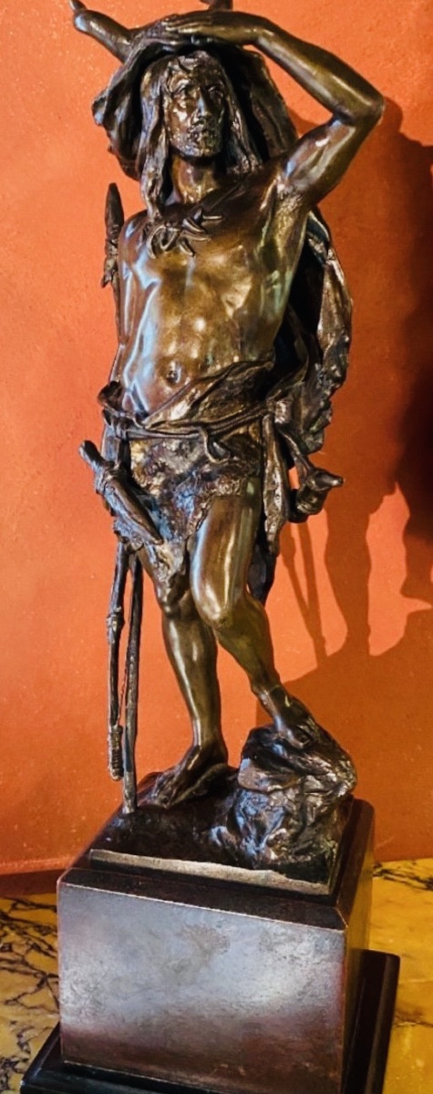 Grand bronze de Paul Ludwig Kowalczewski (1865-1910)« Chasseur préhistorique à l'affût »