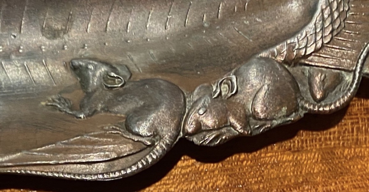 JAPON ÈRE MEIJI, ÉTONNANT ÉCORCHÉ DE SAUMON DÉVORÉ PAR DES RATS, SIGNÉ-photo-3