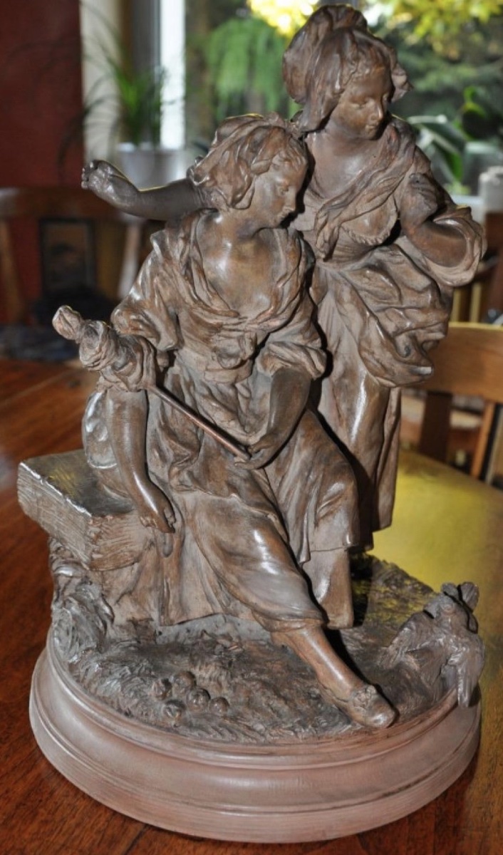 Terracotta Group Of Two Shepherdesses With Doves, 19th Century-photo-2
