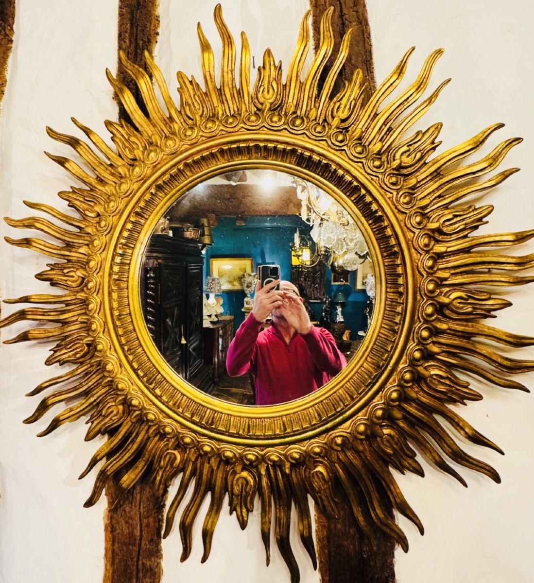 Important Golden Wood Sun Mirror, Large Size - XXth Century - ø 125 Cm-photo-2