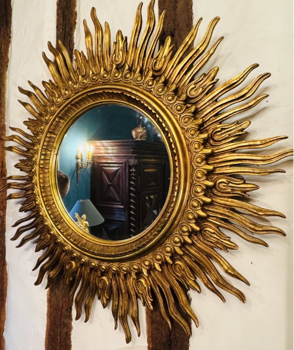 Important Golden Wood Sun Mirror, Large Size - XXth Century - ø 125 Cm-photo-3