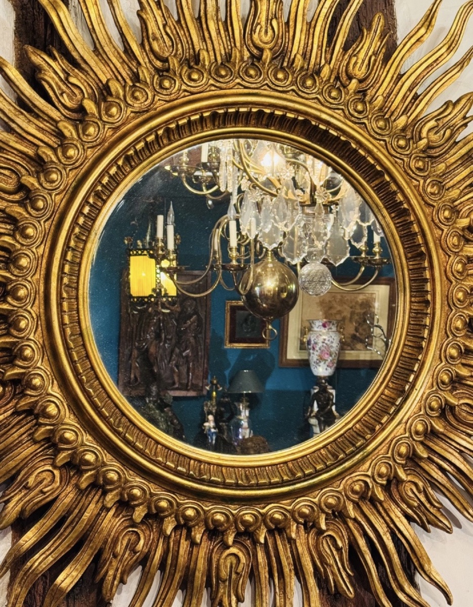 Important Golden Wood Sun Mirror, Large Size - XXth Century - ø 125 Cm-photo-4