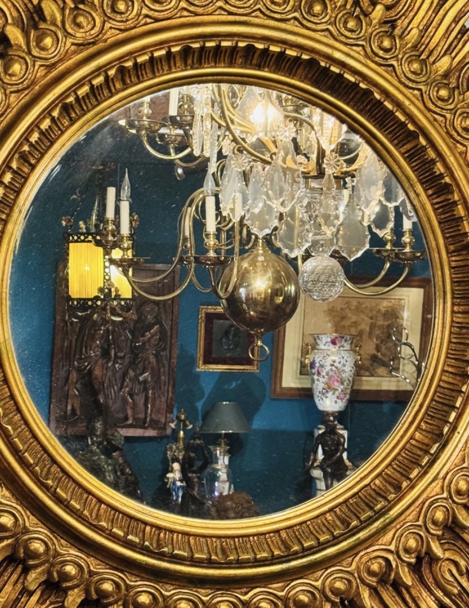 Important Golden Wood Sun Mirror, Large Size - XXth Century - ø 125 Cm-photo-1