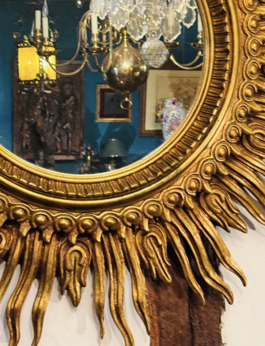 Important Golden Wood Sun Mirror, Large Size - XXth Century - ø 125 Cm-photo-2
