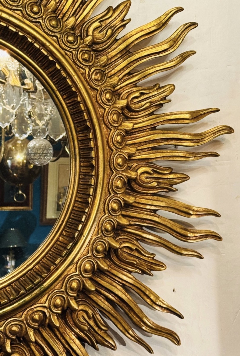 Important Golden Wood Sun Mirror, Large Size - XXth Century - ø 125 Cm-photo-3
