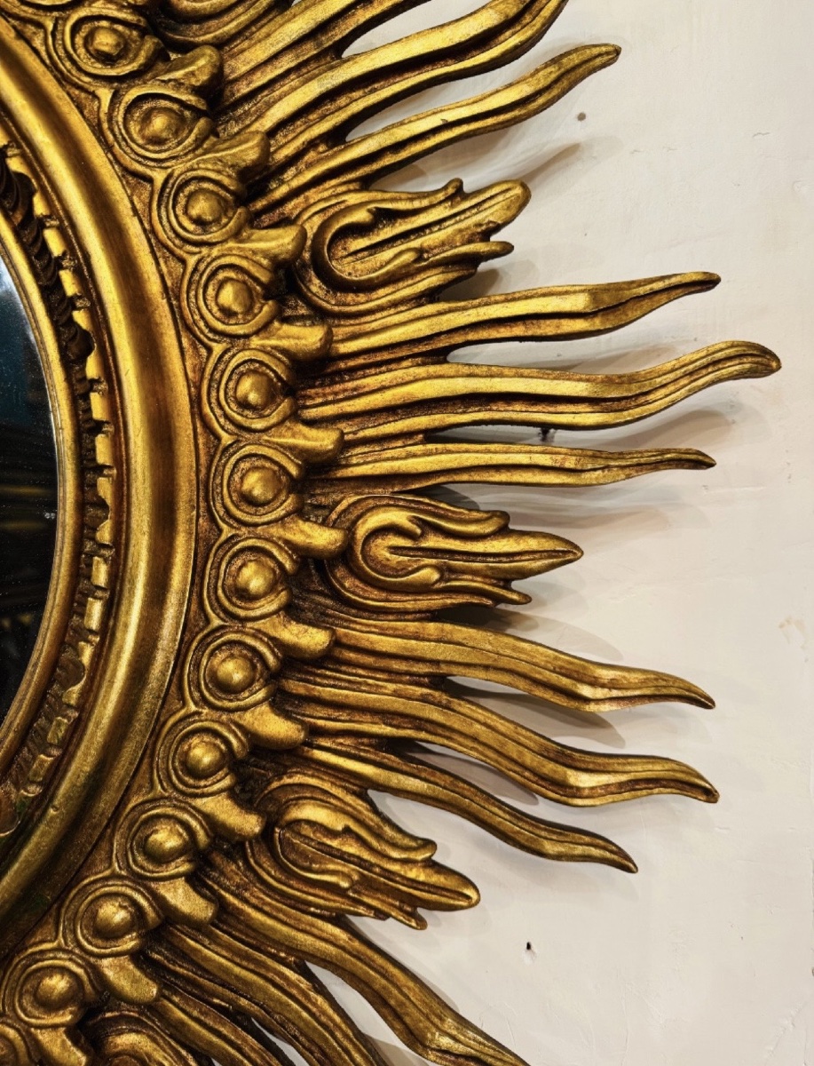 Important Golden Wood Sun Mirror, Large Size - XXth Century - ø 125 Cm-photo-4