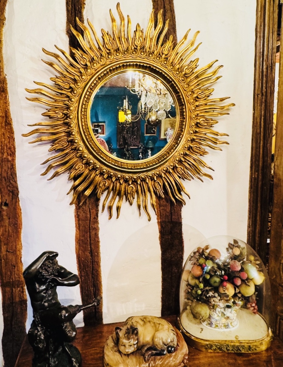 Important Golden Wood Sun Mirror, Large Size - XXth Century - ø 125 Cm-photo-5