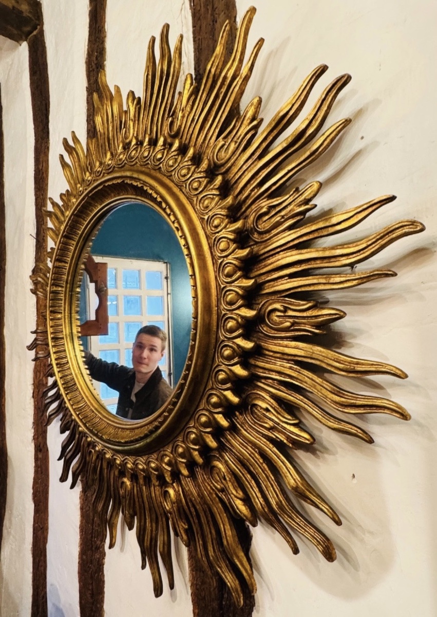 Important Golden Wood Sun Mirror, Large Size - XXth Century - ø 125 Cm-photo-7