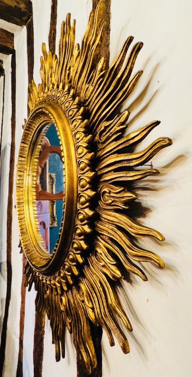 Important Golden Wood Sun Mirror, Large Size - XXth Century - ø 125 Cm-photo-8